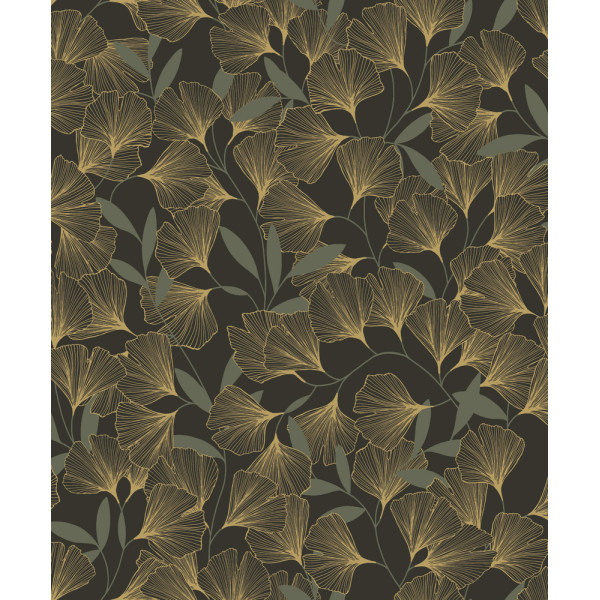 GRANDECO - A64402 - Papier Peint Vinyle Grainé Sur Intissé Ginko Noir Or