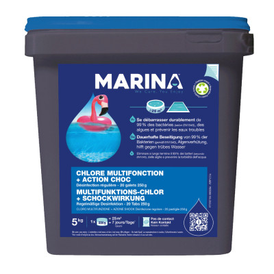 MARINA - Chlore Multifonction + Action Choc 20 Galets Bicouche 250g TP2 5kg