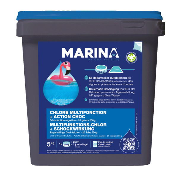 MARINA - Chlore Multifonction + Action Choc 20 Galets Bicouche 250g TP2 5kg