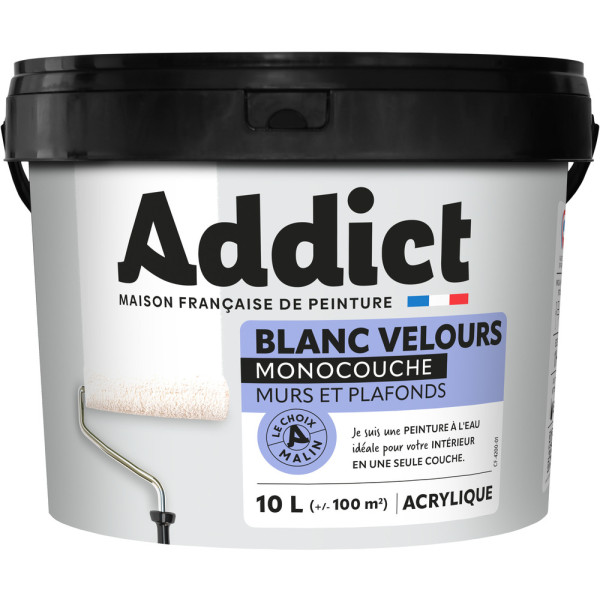 ADDICT - Peinture Murs et Plafonds Monocouche Acrylique Blanc Velours 10L