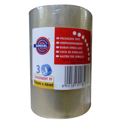 Ruban polypropylène emballage transparent 50mmx66ml, lot de 3 rouleaux