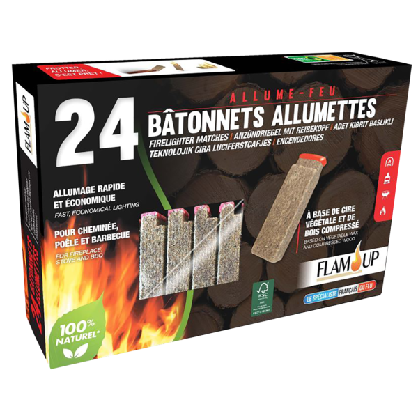 FLAM UP - Allume-Feu 24 Bâtonnets Allumettes 100% Naturel