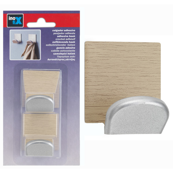 INOFIX - Crochets Adhésifs x2 en Acier Imitation Bois Érable Sous Blister