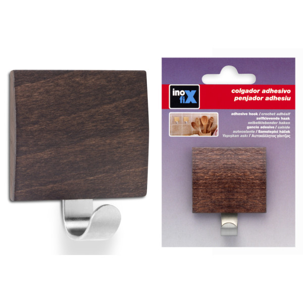 INOFIX - Crochet Adhésif en Inox Acier et Bois Wengé Sous Blister