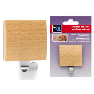 Crochet Adhésif en Inox Acier et Bois Hêtre sous Blister