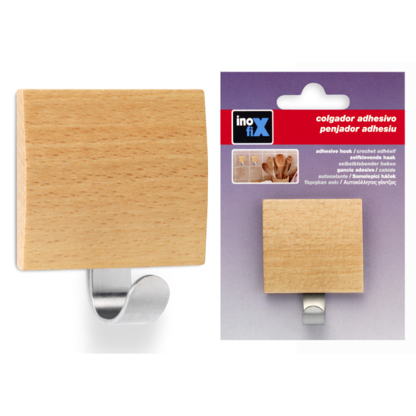 INOFIX - Crochet Adhésif en Inox Acier et Bois Hêtre Sous Blister