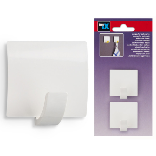 INOFIX - Crochet Carré Adhésif x2 Blanc Sous Blister