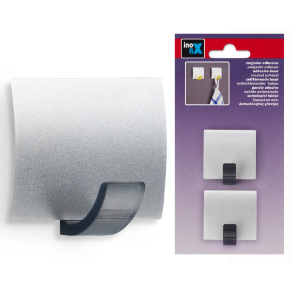 INOFIX - Crochet Carré Adhésif x2 Chrome Mat Sous Blister