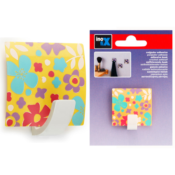 INOFIX - Crochet Carré Adhésif x2 Décor Fleuri Jaune Sous Blister