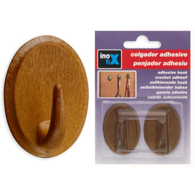 Crochet Adhésif Ovale x2 Couleur Bois sous Blister