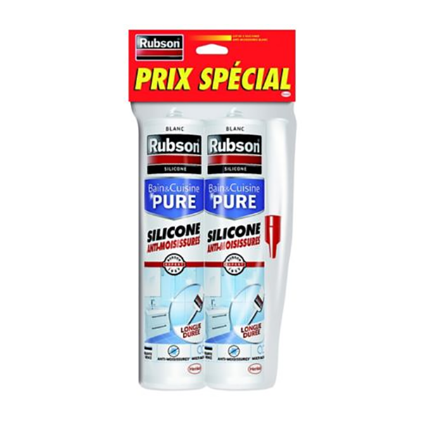RUBSON - Mastic Bain et Cuisine Pure Anti-Moisissure Blanc 280ml Lot de 2 Cartouches