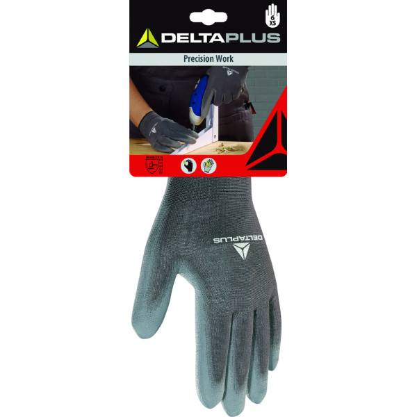 DELTA PLUS - Gants Précision Tricot Enduit Gris sur Carte