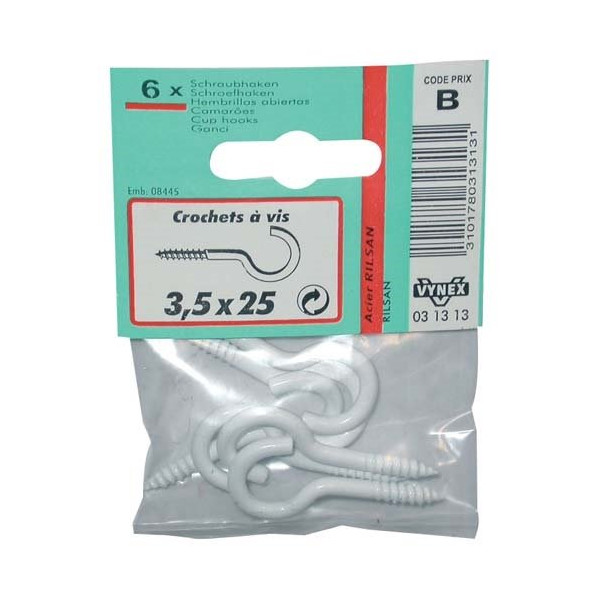 VYNEX - Crochet rilsanisé blanc 2.5x10  carte de 15