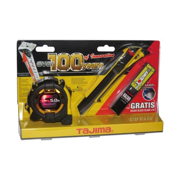 TAJIMA - Kit mètre enrouleur 5 m + cutter 18  mm + lames de cutter 18 mm