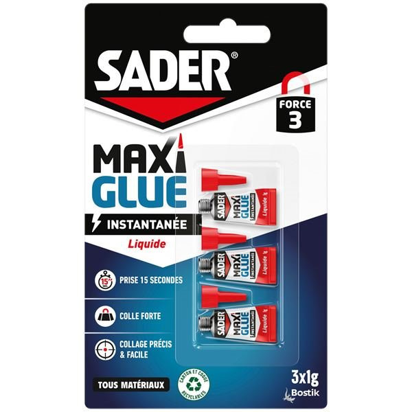 SADER - Colle Maxi Glue tous matériaux universel liquide - transparent - 3x1g
