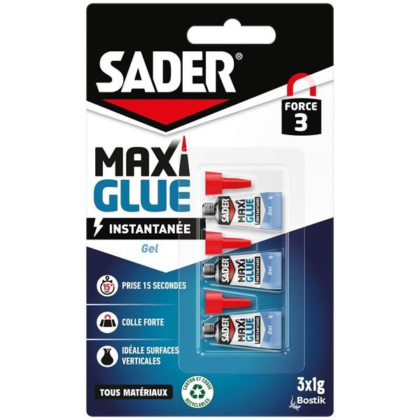 SADER - Colle Maxi Glue tous matériaux universel gel - transparent - 3x1g