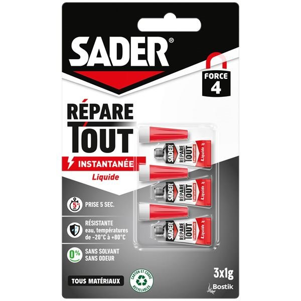 SADER - Colle Fix glue liquide - répare tout - 1 g - Lot de 3