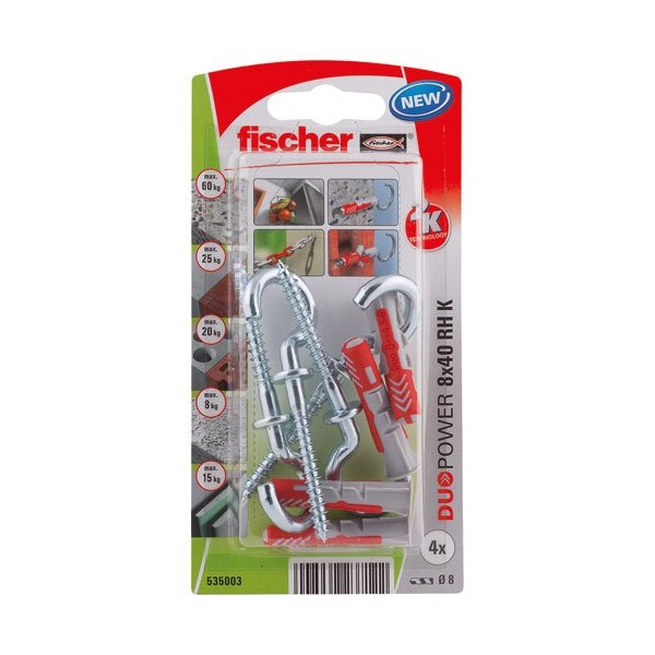 FISCHER - Cheville duopower 8x40 avec crochet rond blister de 4