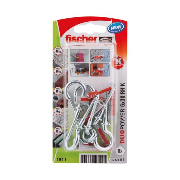 FISCHER - Cheville duopower 6x30 avec crochet rond blister de 6