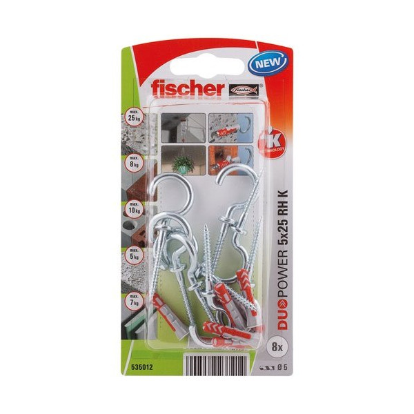 FISCHER - Cheville duopower 5x25 avec crochet rond blister de 8