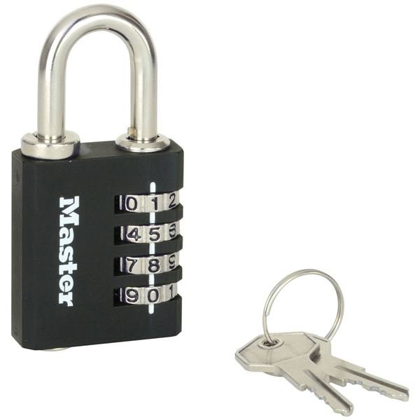 MASTER LOCK - Cadenas à 4 chiffres en aluminium noir 40 mm - avec clés de secours