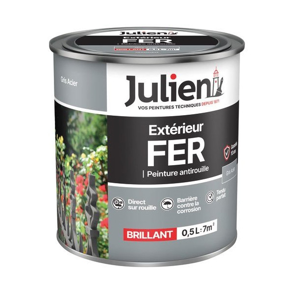 JULIEN - Peinture Julien fer anti rouille gris acier 0.5l