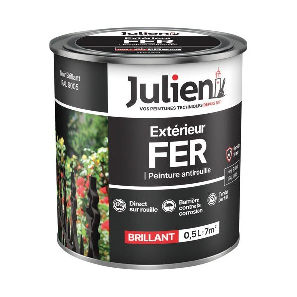 JULIEN - Peinture Julien fer anti rouille noir brillant 0.5l