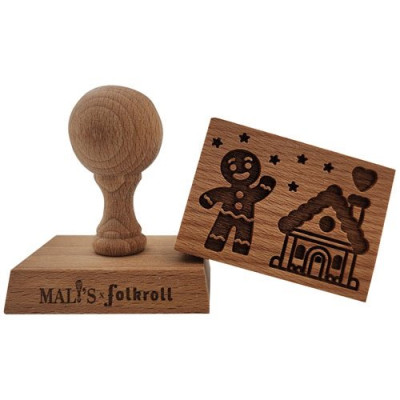 Tampon en bois rectangle - Motif Bonhomme & Maison Pain d'épices
