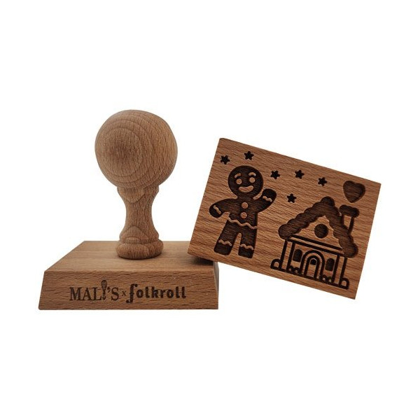 PATISSE - Tampon en bois rectangle - Motif Bonhomme & Maison Pain d'épices