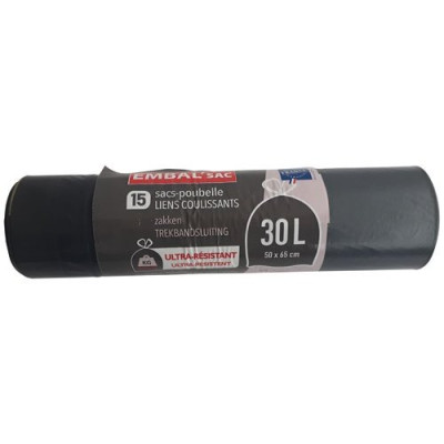 Sac poubelle ultra résistant lien coulissant 30L x 15 sacs.