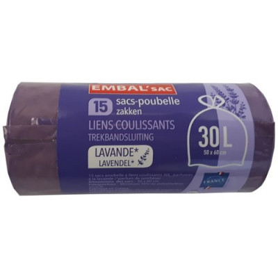 Sac poubelle parfum lavande lien coulissant 30L x 15 sacs