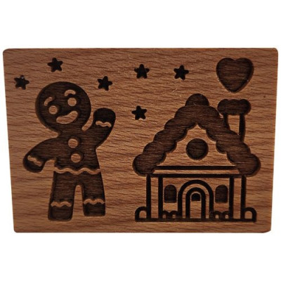Tampon en bois rectangle - Motif Bonhomme & Maison Pain d'épices