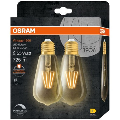 1906 Edison LED clair filament variable or 6.5W E27 chaud