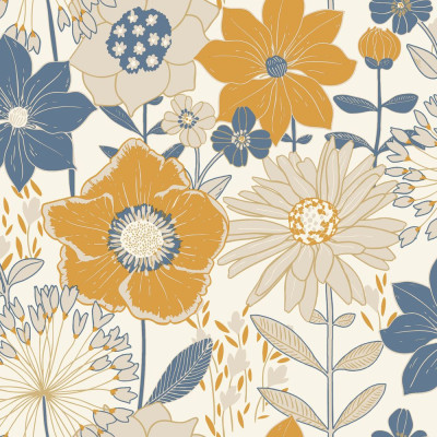 DECORAMA - 104556026 - Papier Peint Vinyle sur Intissé Petites Fleurs Bleu et Orange