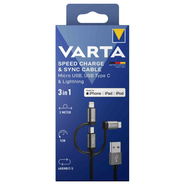 VARTA - Câble Tressé USB-A 12W 3 en 1 Noir