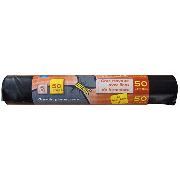 PUBLI EMBAL - Sac à Gravats 50L Noir Rouleau de 5 sacs