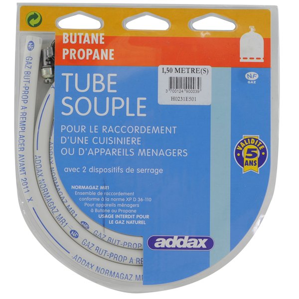 ADDAX - Tube Souple 6x12mm Butane Propane Normagaz + 2 Colliers en Blister