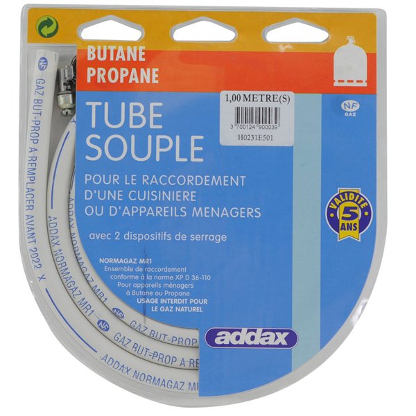 ADDAX - Tube Souple 6x12mm Butane Propane Normagaz + 2 Colliers en Blister