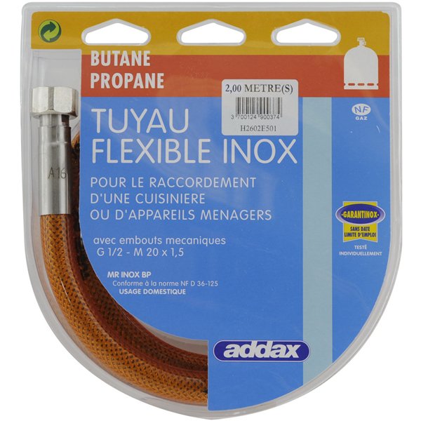 ADDAX - Tuyau Flexible Inox Butane Propane à Visser MR-INOX - Durée Illimitée en Blister