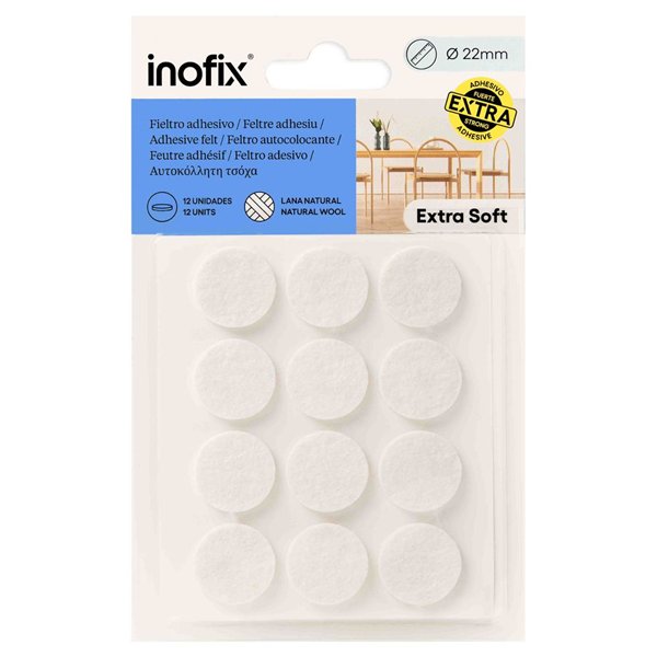 INOFIX - Patin Feutre Adhésif en Laine x12 Blanc Ø22mm