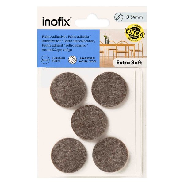 INOFIX - Patin Feutre Adhésif en Laine x5 Marron Ø34mm