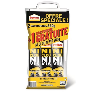 PATTEX - Colle Ni Clou Ni Vis Extra Fort et Rapide 2 Cartouches 380g + 1 Cartouche 380g Gratuite