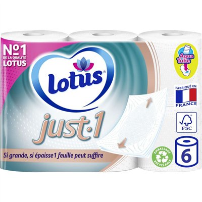 LOTUS - Papier Toilette Epais Just.1 Blanc Paquet de 6 Rouleaux