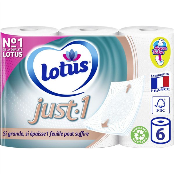LOTUS - Papier Toilette Epais Just.1 Blanc Paquet de 6 Rouleaux