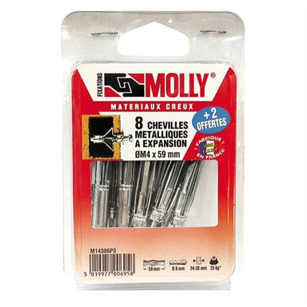 MOLLY - Cheville molly 6x34mm+vis m6 c/10 coque