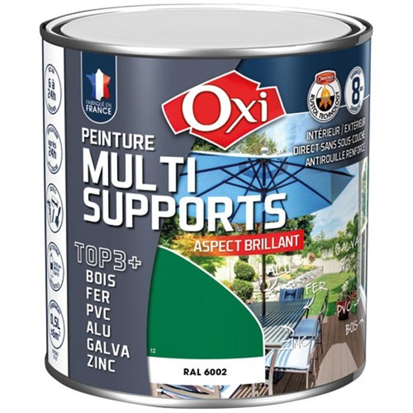OXI - Peinture top 3 bois fer pvc 500ml vert jardin brill. ral6002