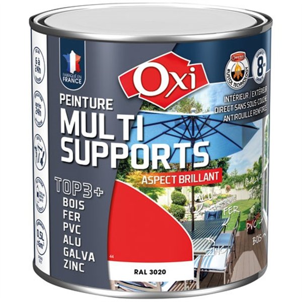 OXI - Peinture top 3 bois fer pvc 500ml rouge vif brillant ral3020