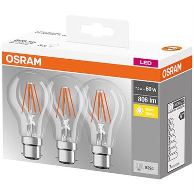 OSRAM - Led standard 7W B22 x 3 blanc chaud - boîte