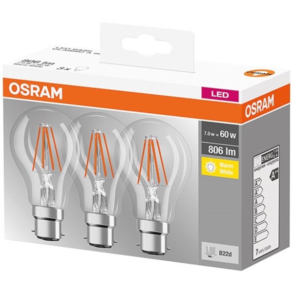 OSRAM - Led standard 7W B22 x 3 blanc chaud - boîte