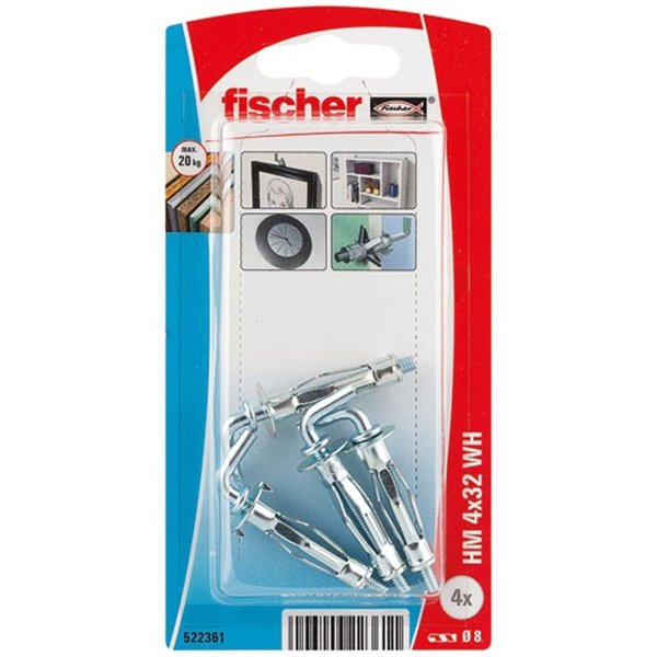 FISCHER - Cheville corps creux hm4x32 avec crochet blister de 4